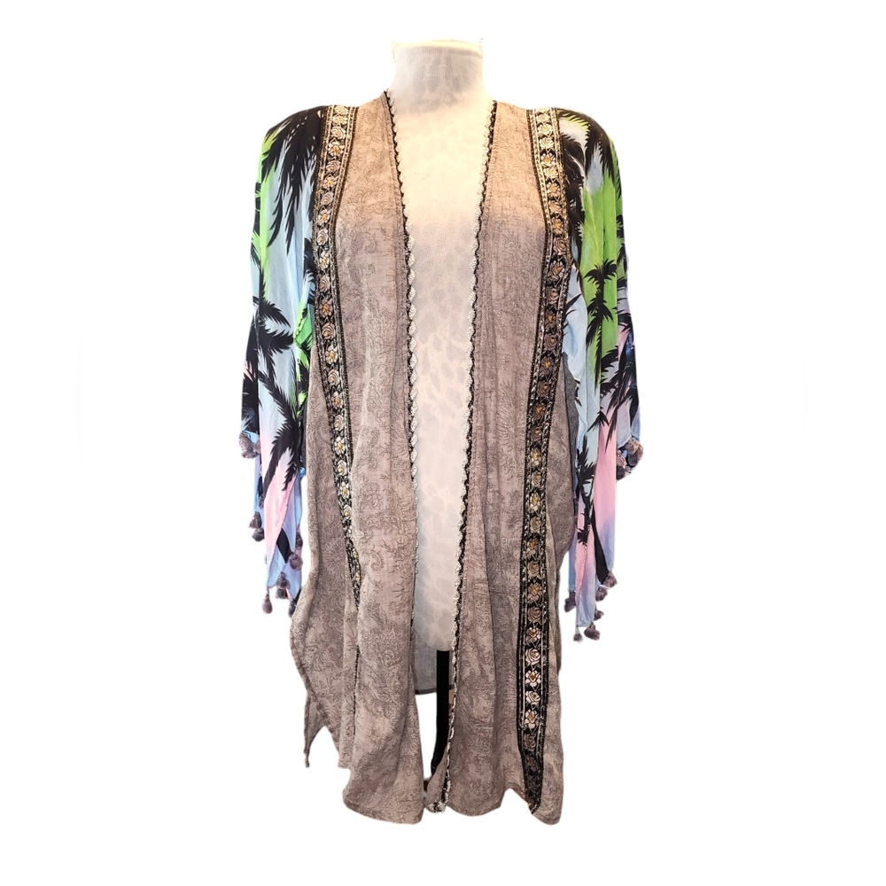 Ivy Jane Solid Gray & Hawaiian Print Embellished Open Front Kimono Size XS